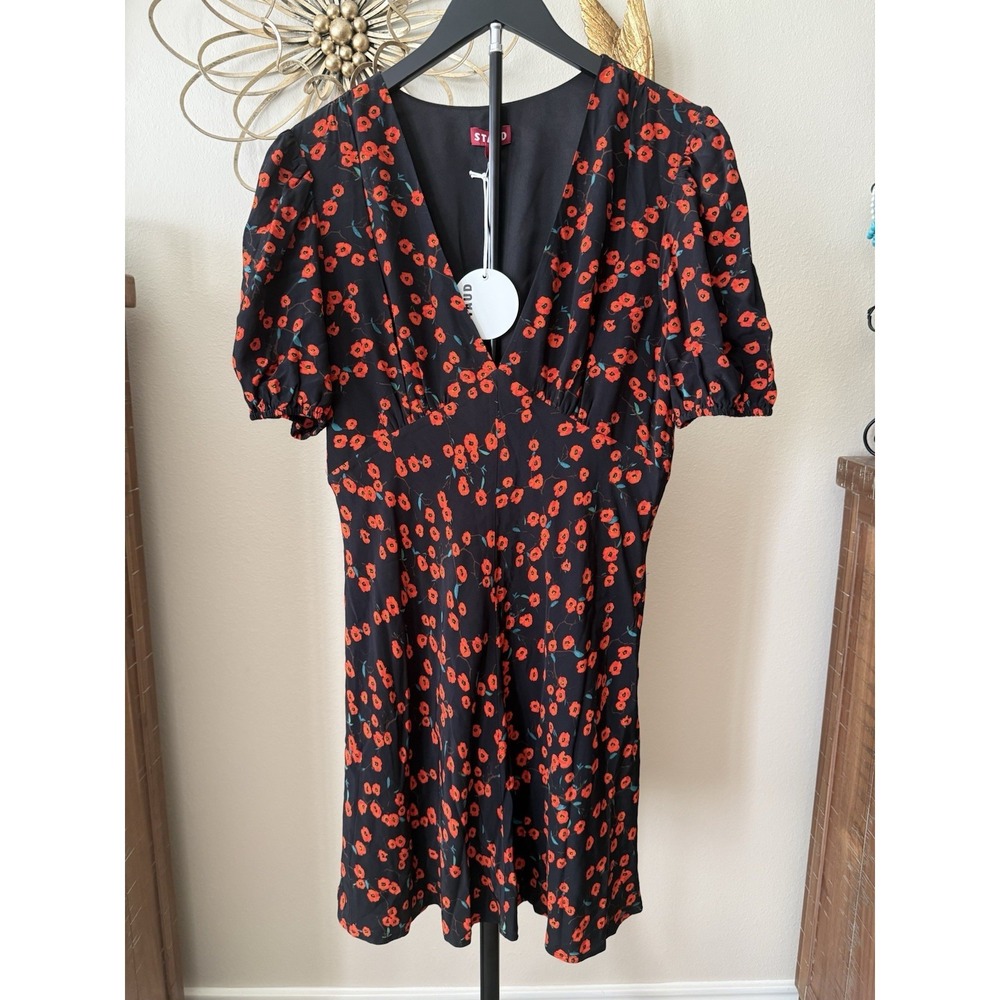 STAUD Mila Mini Dress Size 14 Black‎ Red Floral Poppy Puff Sleeve NWT